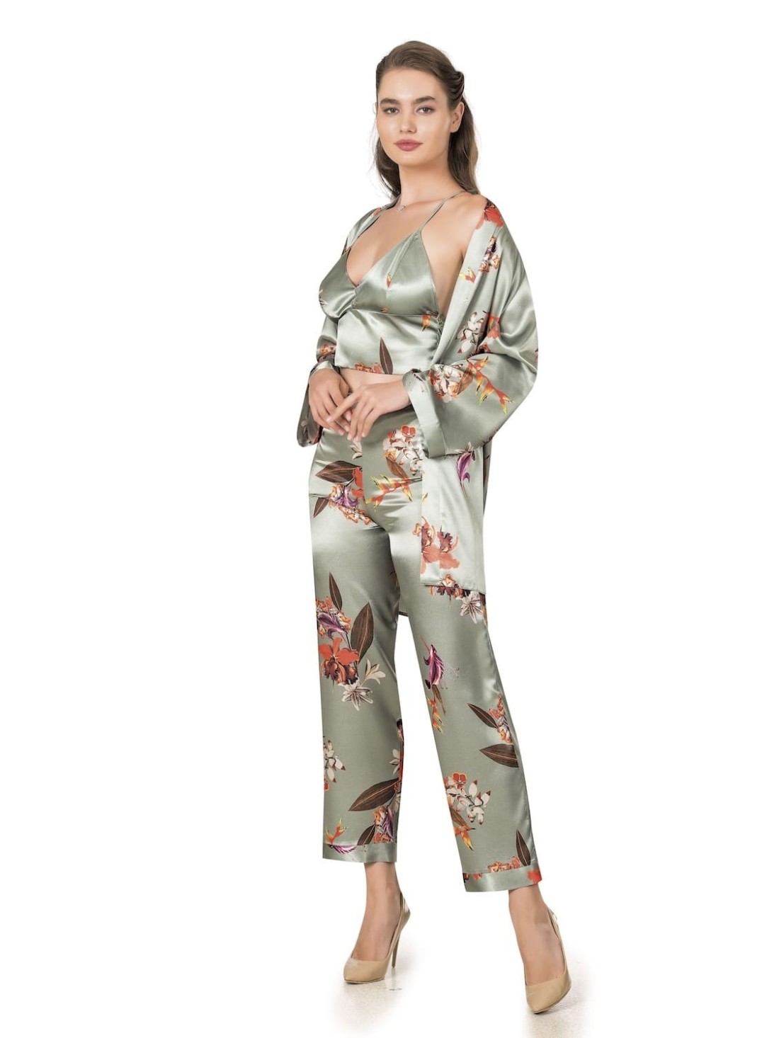 Eleganter dreiteiliger Damenpyjama, Oberteil, Hose, Bademantel, Oliv PIZ334 - Online-Shop - Boutique